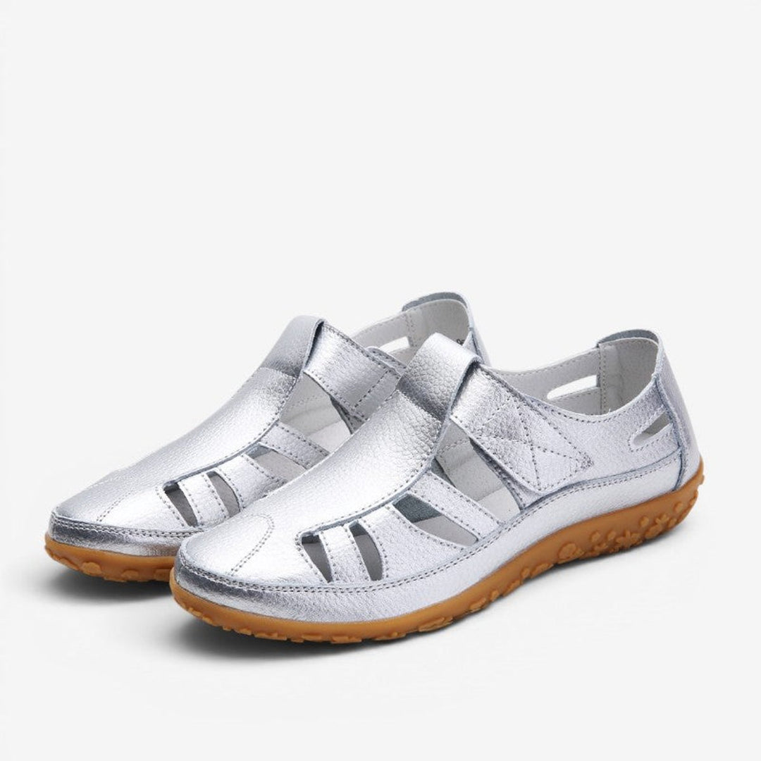 Women's Leather Hollow Slip-On Flat Sandals Velcro Strap