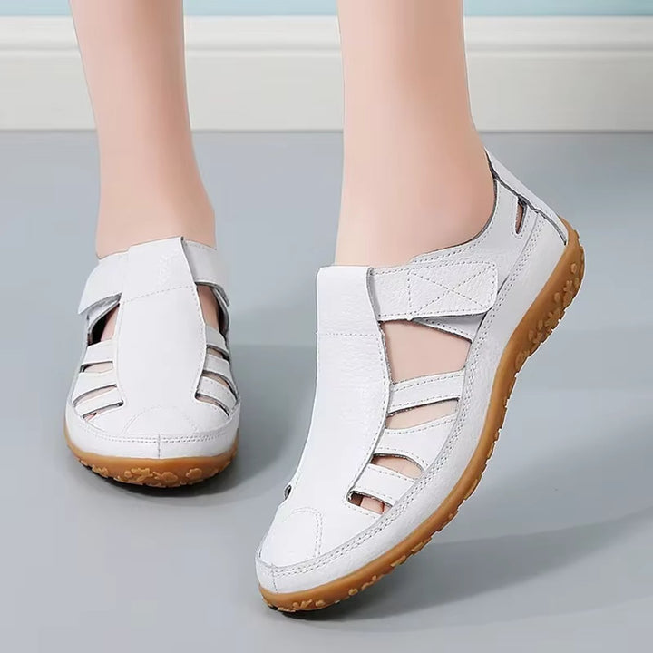 Women's Leather Hollow Slip-On Flat Sandals Velcro Strap