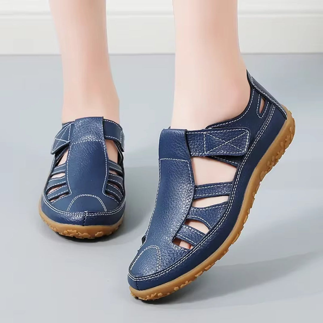 Women's Leather Hollow Slip-On Flat Sandals Velcro Strap