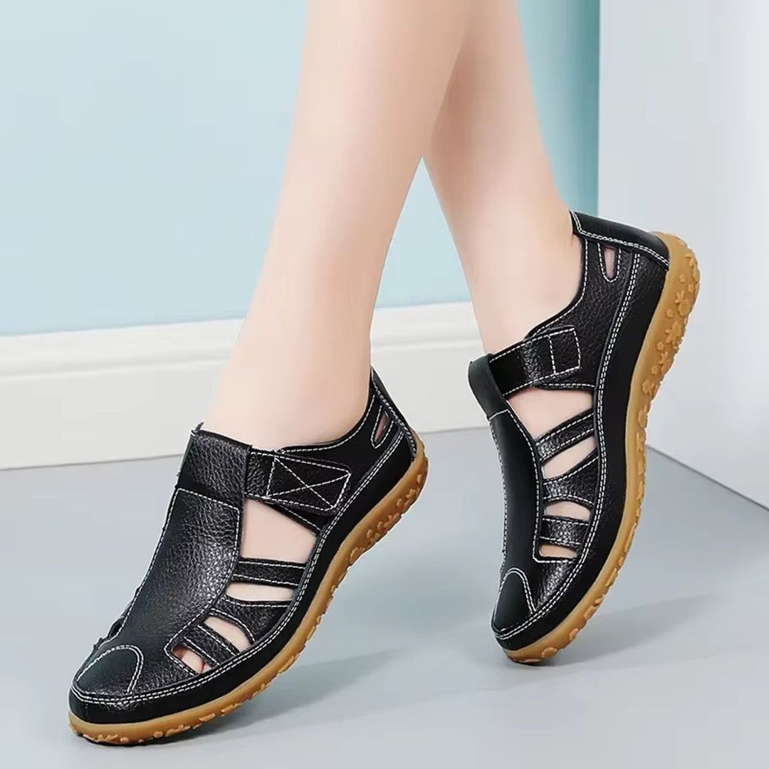 Women's Leather Hollow Slip-On Flat Sandals Velcro Strap