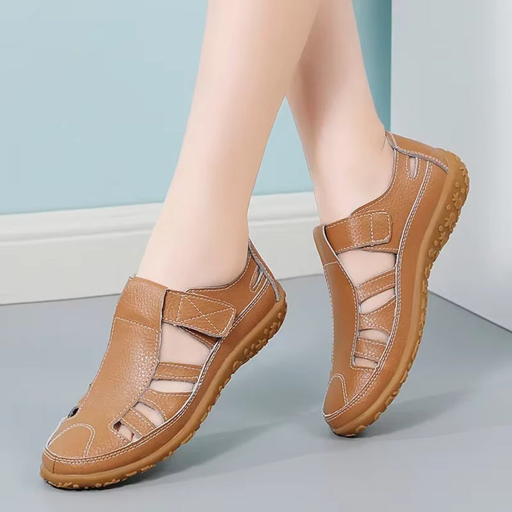Women's Leather Hollow Slip-On Flat Sandals Velcro Strap