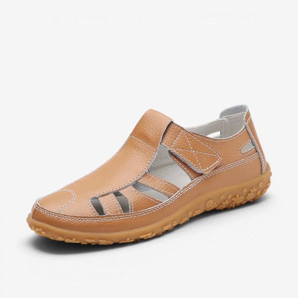 Women's Leather Hollow Slip-On Flat Sandals Velcro Strap