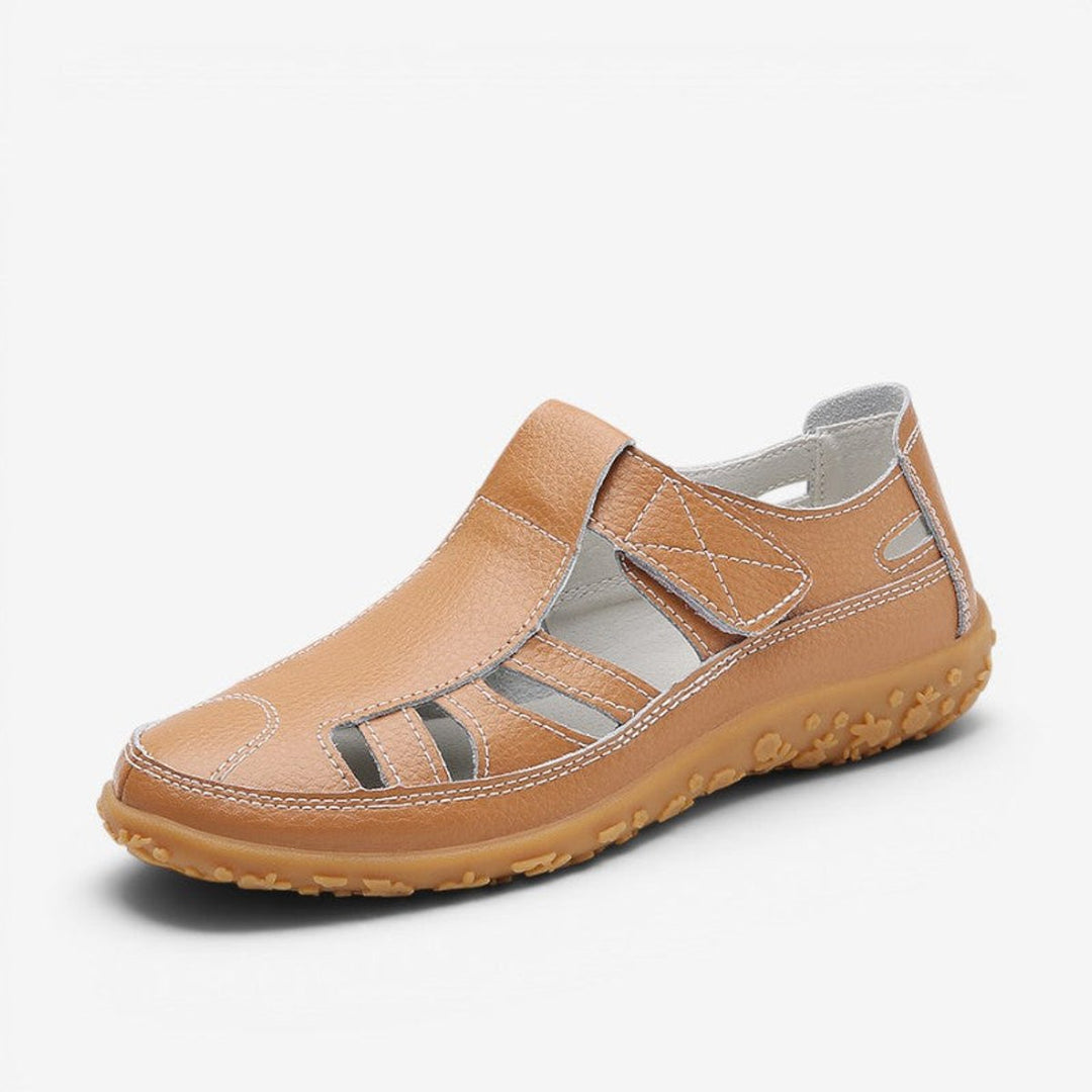 Women's Leather Hollow Slip-On Flat Sandals Velcro Strap