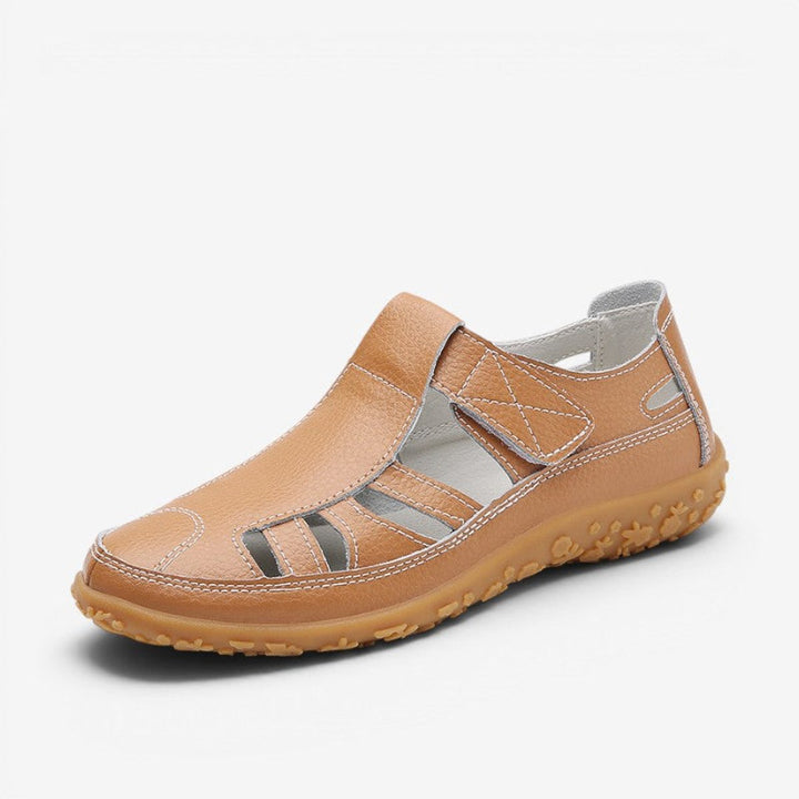 Women's Leather Hollow Slip-On Flat Sandals Velcro Strap