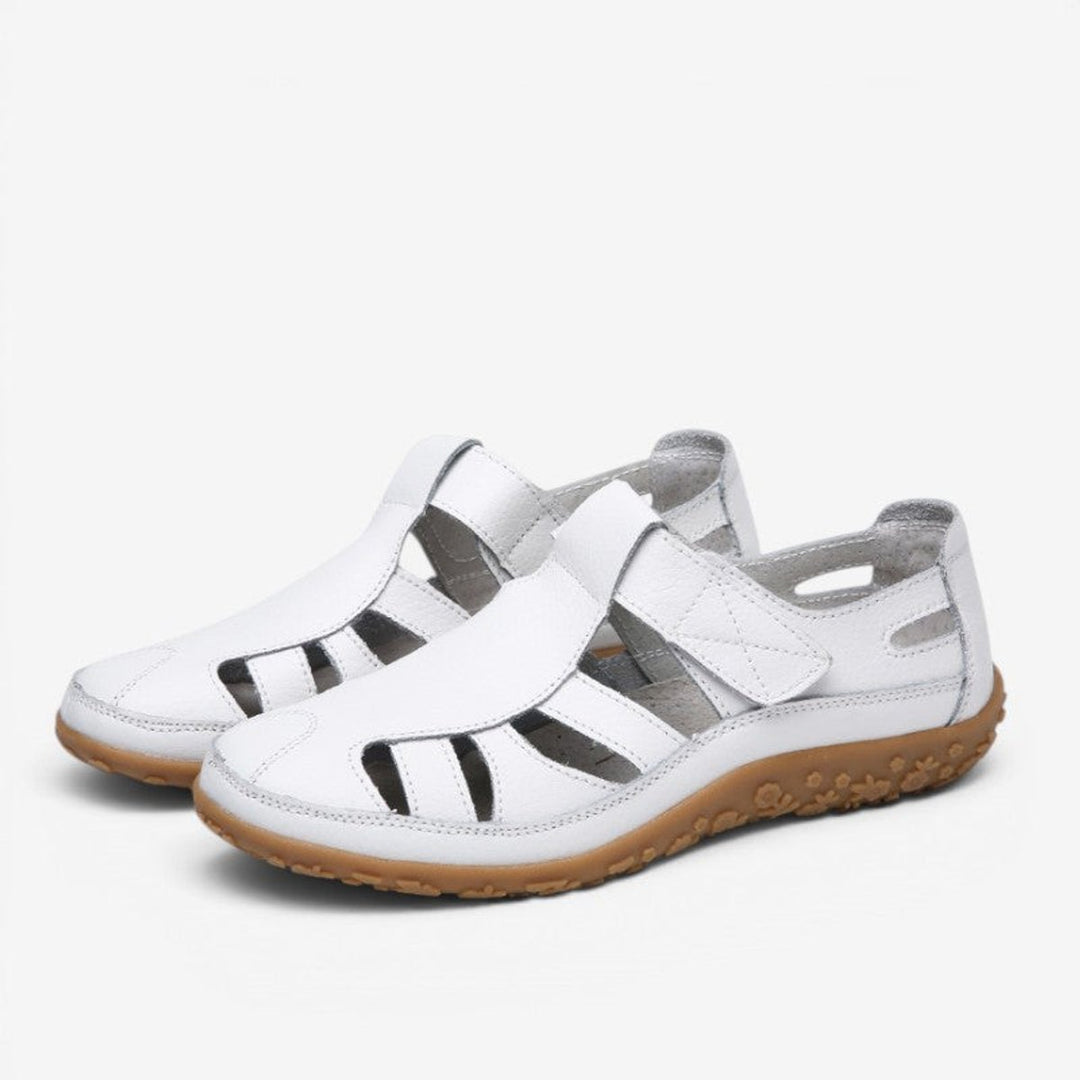 Women's Leather Hollow Slip-On Flat Sandals Velcro Strap