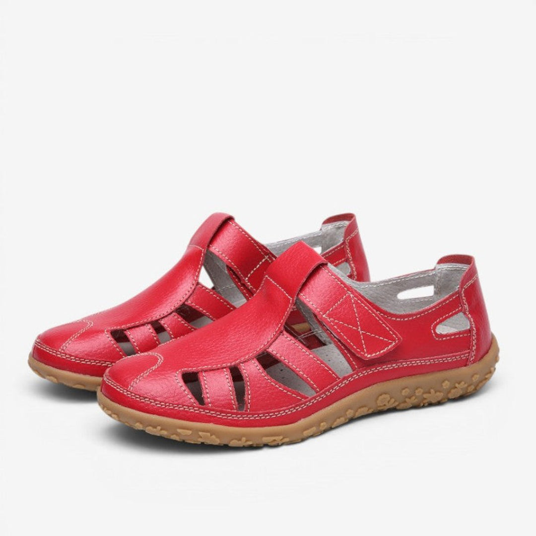 Women's Leather Hollow Slip-On Flat Sandals Velcro Strap