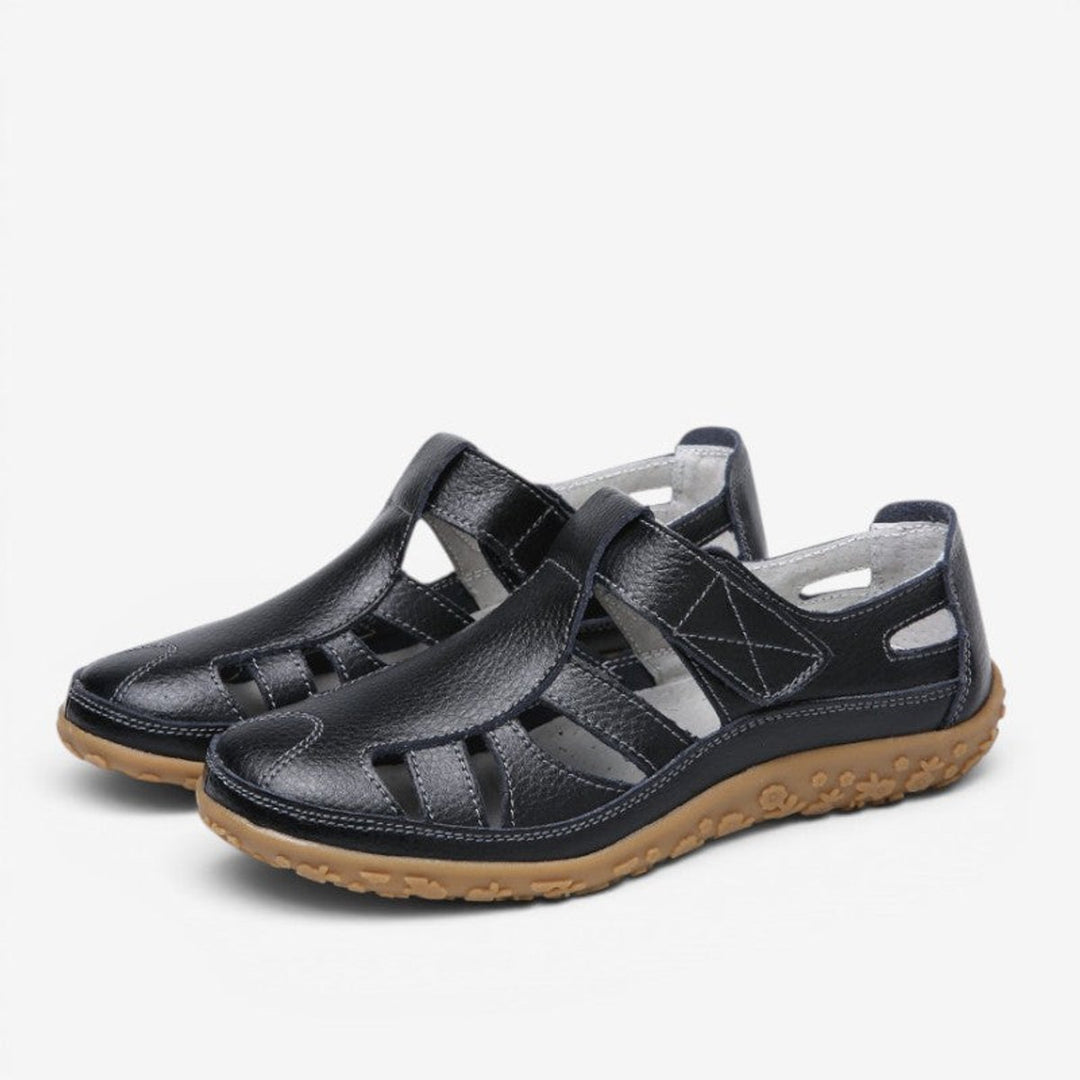 Women's Leather Hollow Slip-On Flat Sandals Velcro Strap