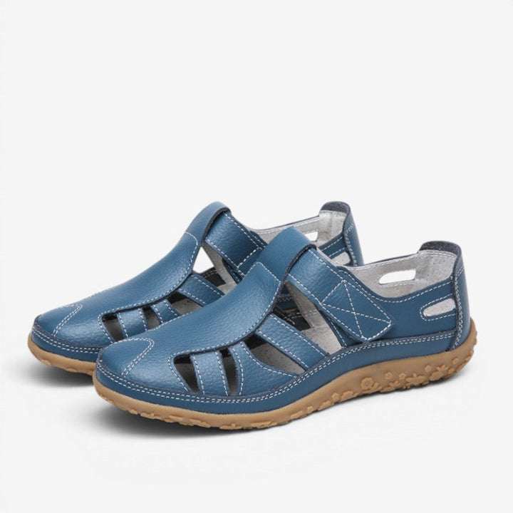 Women's Leather Hollow Slip-On Flat Sandals Velcro Strap