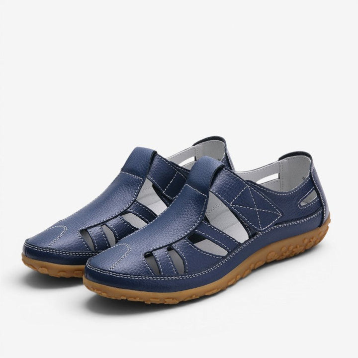 Women's Leather Hollow Slip-On Flat Sandals Velcro Strap