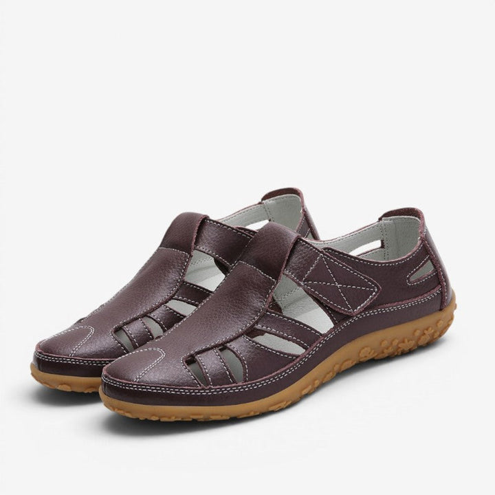 Women's Leather Hollow Slip-On Flat Sandals Velcro Strap