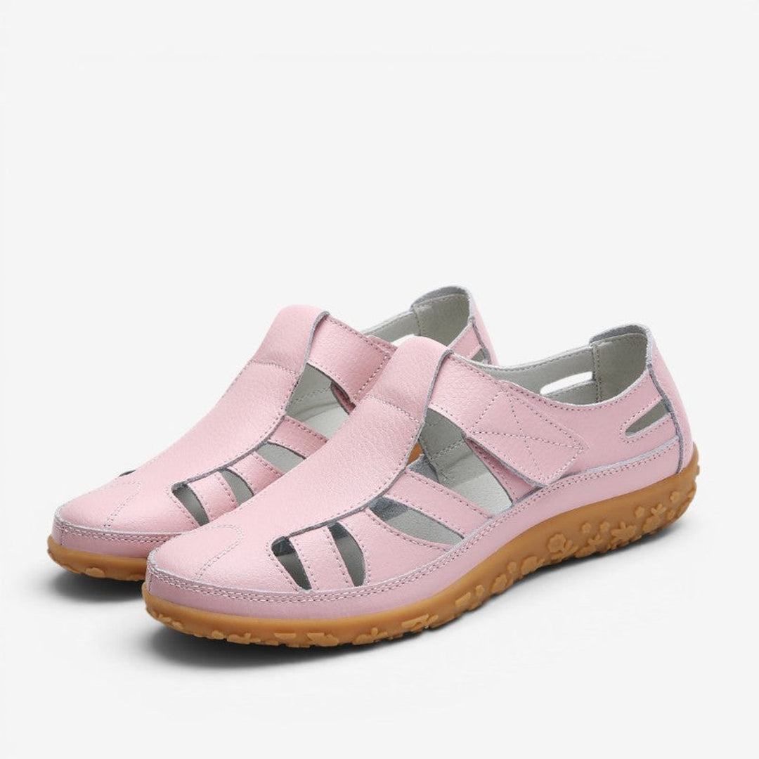 Women's Leather Hollow Slip-On Flat Sandals Velcro Strap