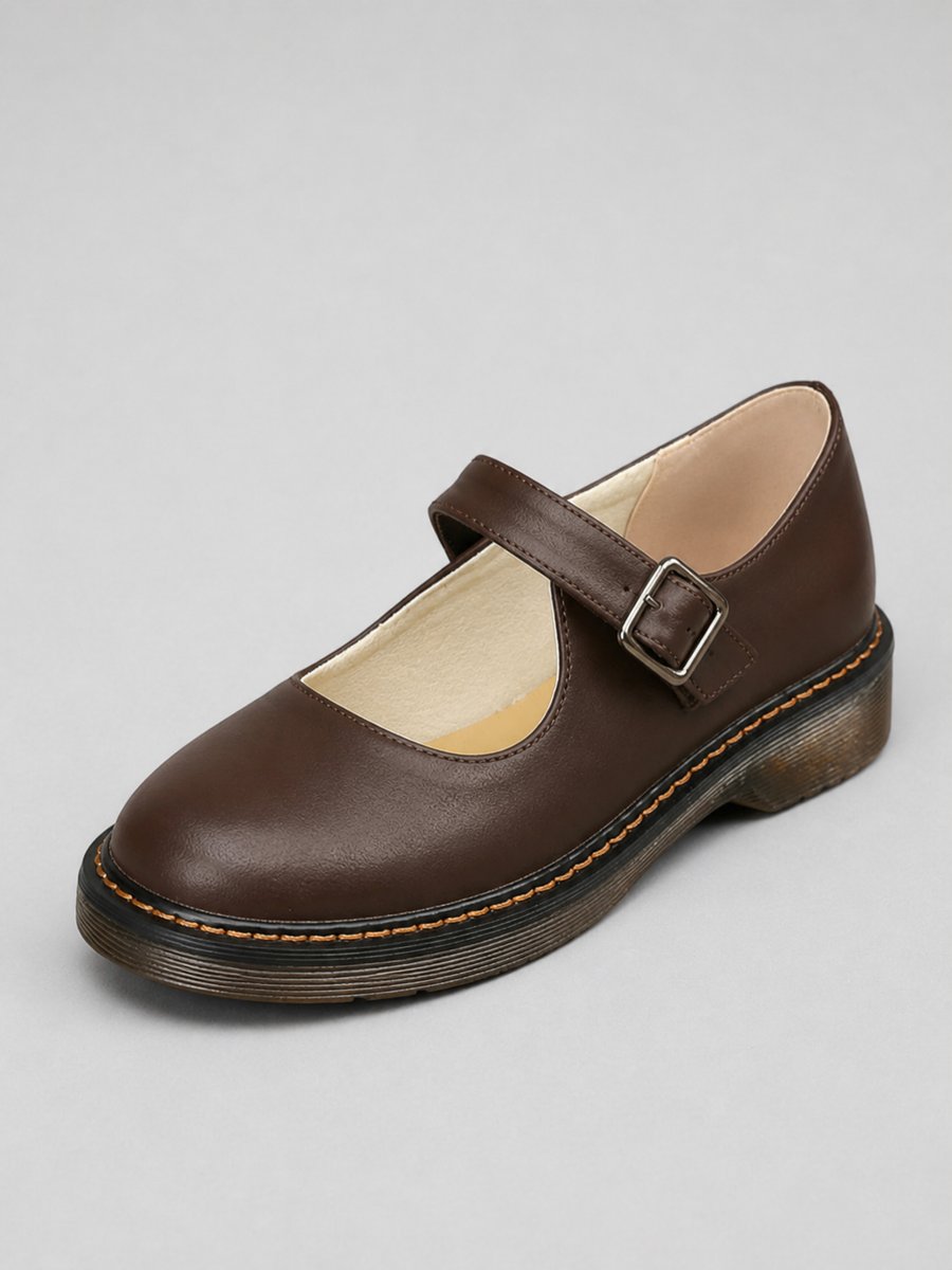 Women's Leather Look Buckle-Strap Mary Jane Flat Shoes