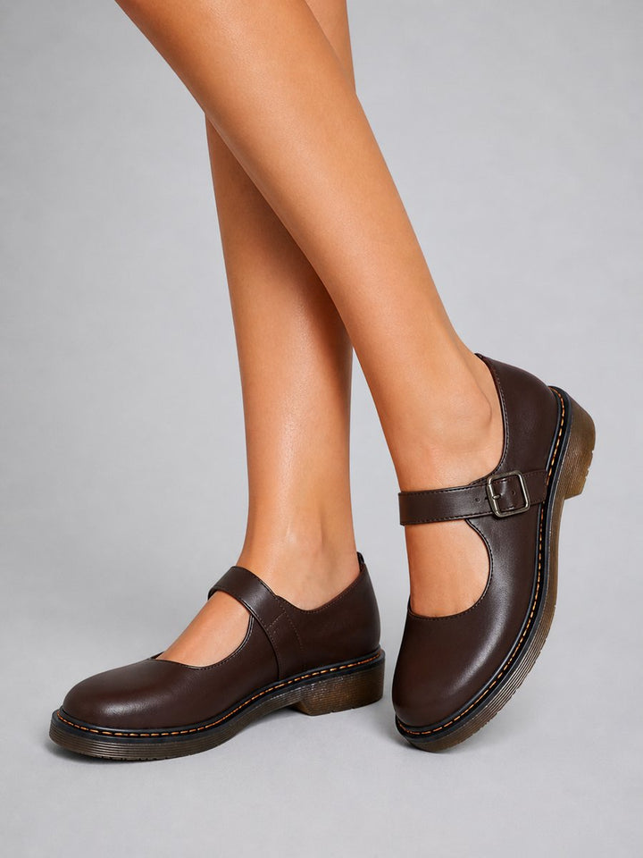 Women's Leather Look Buckle-Strap Mary Jane Flat Shoes