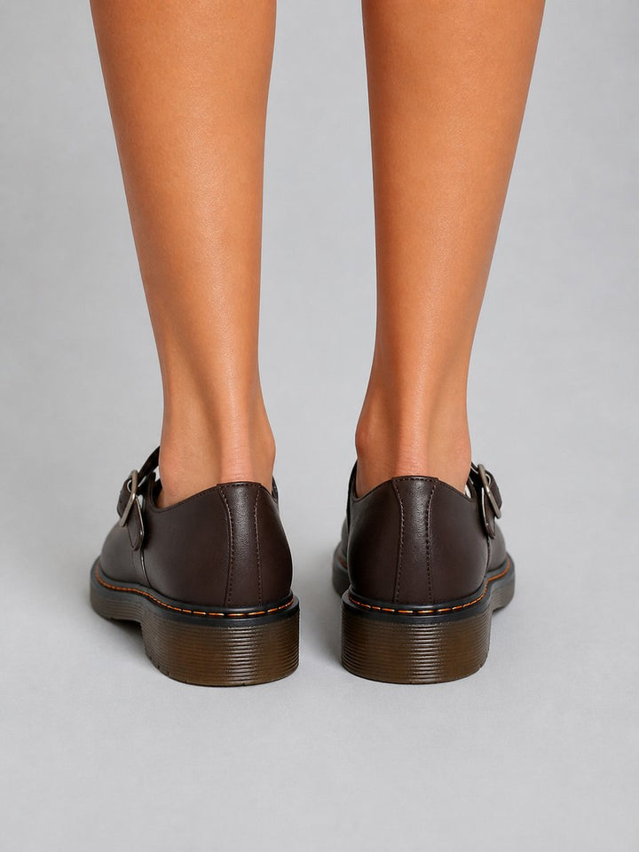 Women's Leather Look Buckle-Strap Mary Jane Flat Shoes