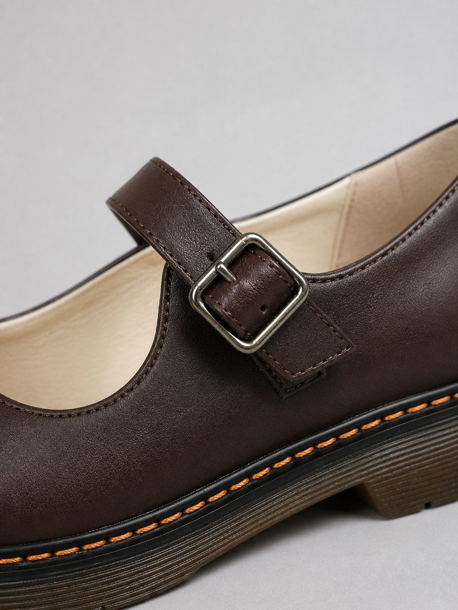 Women's Leather Look Buckle-Strap Mary Jane Flat Shoes