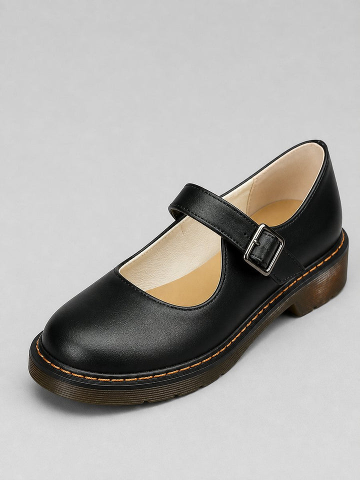 Women's Leather Look Buckle-Strap Mary Jane Flat Shoes