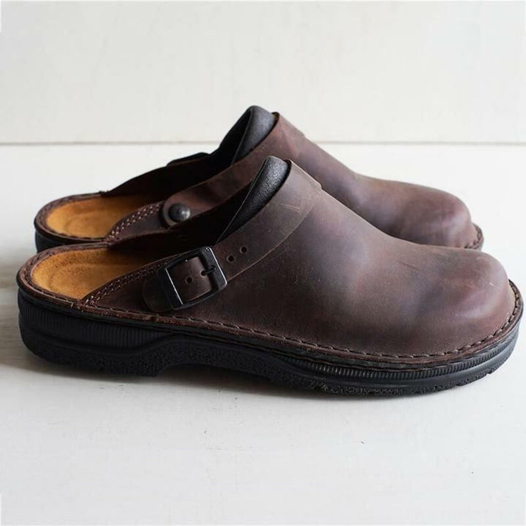 Women's Leather Slip-On Buckle-Strap Mule Clogs