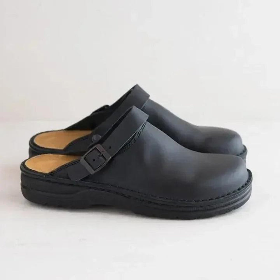 Women's Leather Slip-On Buckle-Strap Mule Clogs
