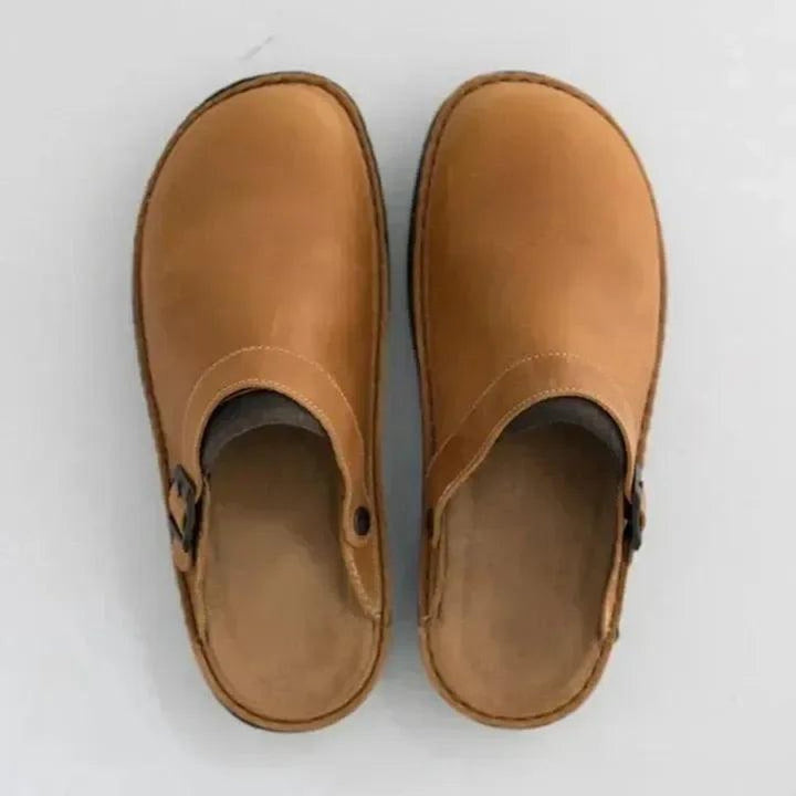 Women's Leather Slip-On Buckle-Strap Mule Clogs