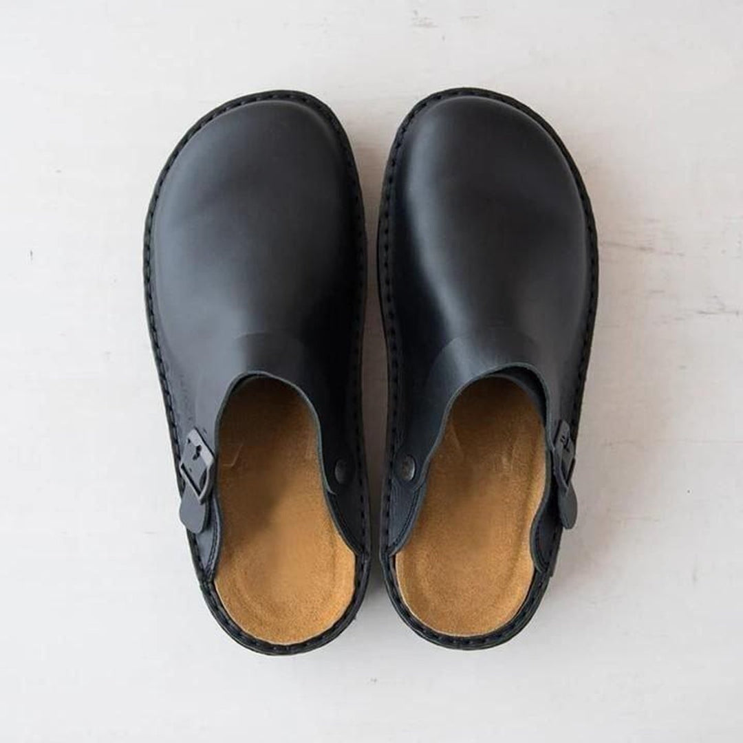 Women's Leather Slip-On Buckle-Strap Mule Clogs