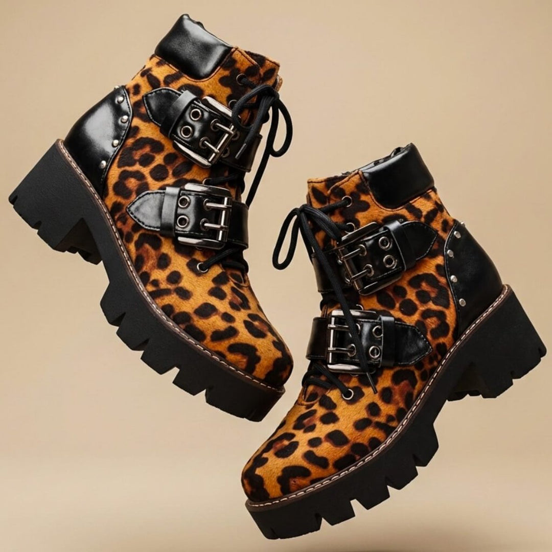 Women's Leopard Print Buckle-Strap Chunky Ankle Boots - Leopard Orange