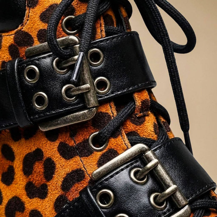 Women's Leopard Print Buckle-Strap Chunky Ankle Boots