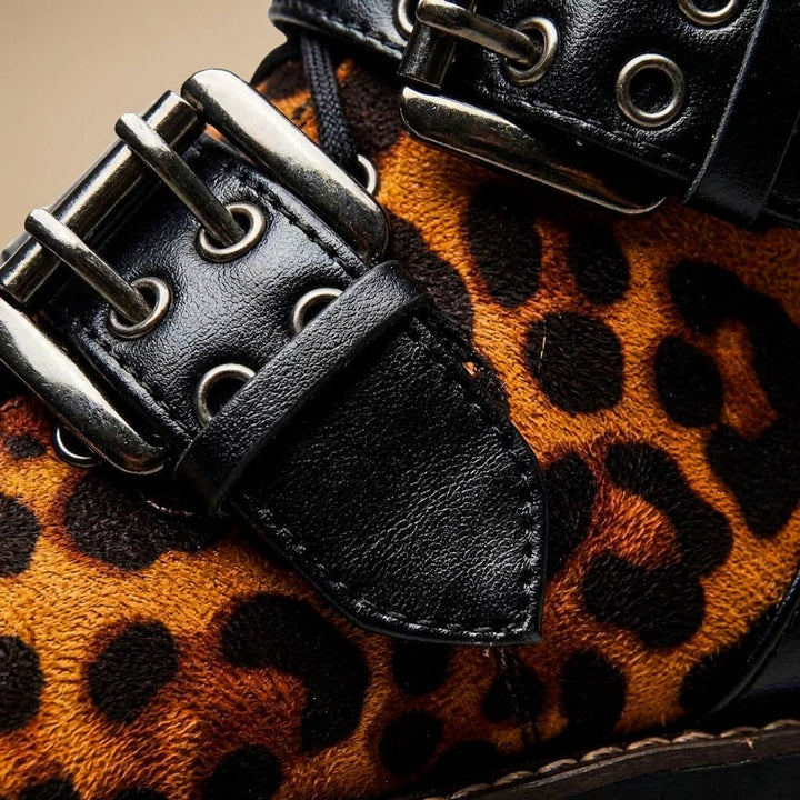 Women's Leopard Print Buckle-Strap Chunky Ankle Boots