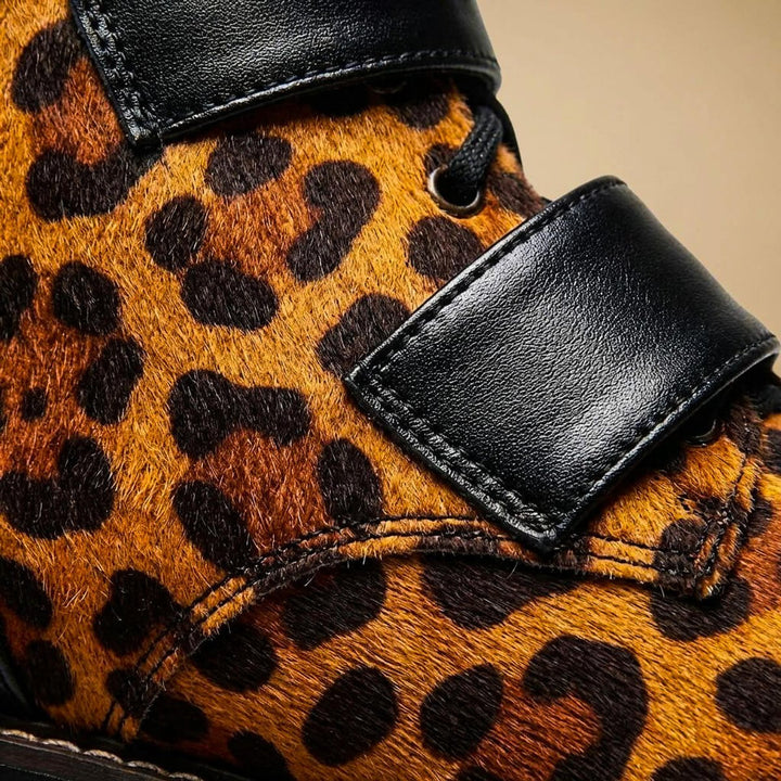 Women's Leopard Print Buckle-Strap Chunky Ankle Boots