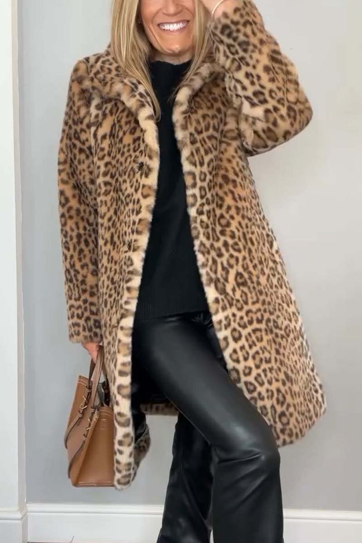 Women's Leopard Print Faux Fur Longline Winter Coat