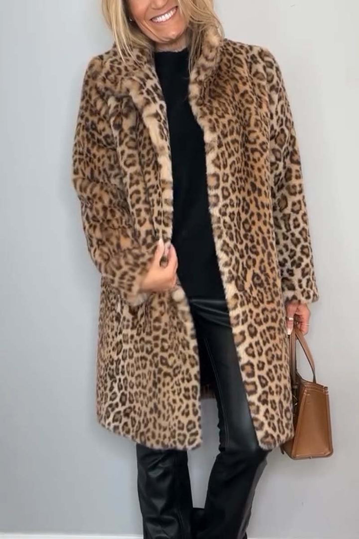 Women's Leopard Print Faux Fur Longline Winter Coat