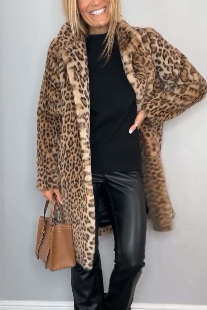 Women's Leopard Print Faux Fur Longline Winter Coat