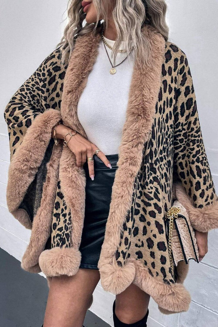 Women's Leopard Print Faux Fur Trim Loose Poncho Coat