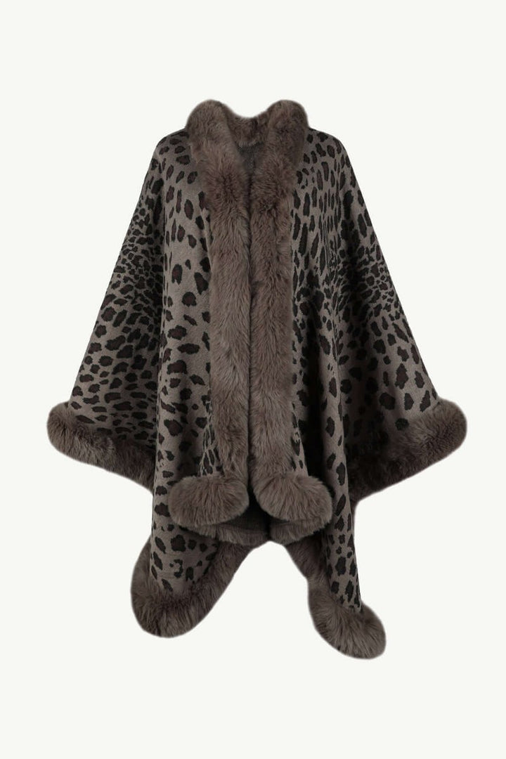 Women's Leopard Print Faux Fur Trim Loose Poncho Coat