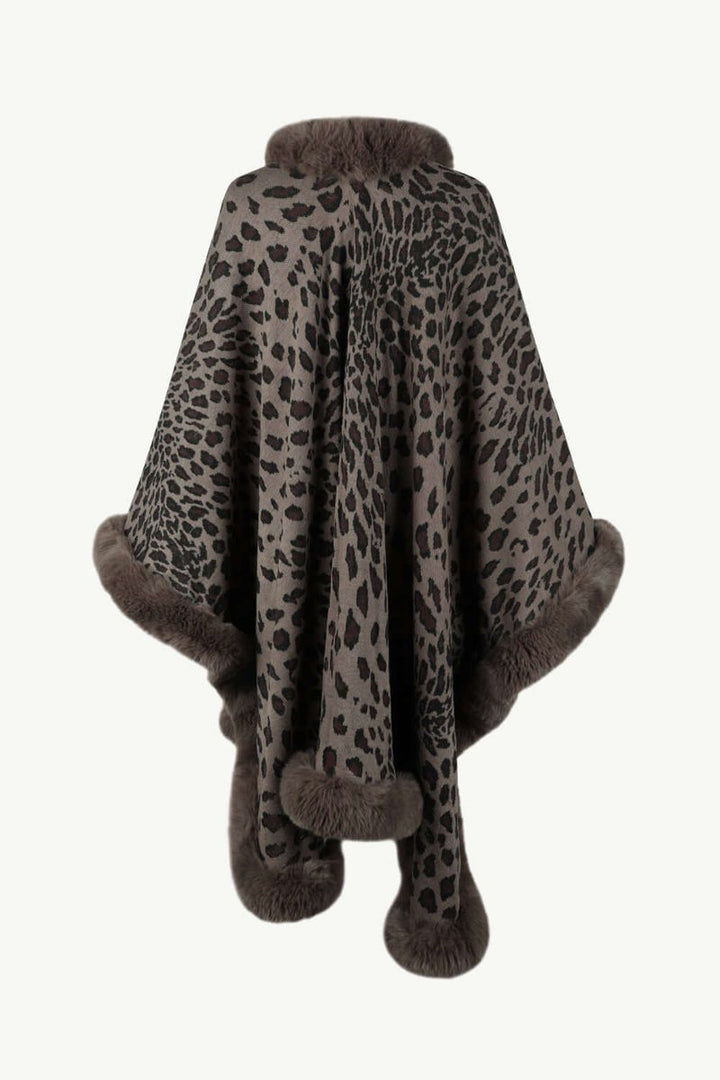 Women's Leopard Print Faux Fur Trim Loose Poncho Coat
