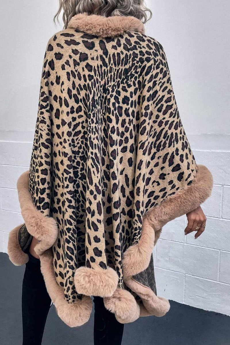 Women's Leopard Print Faux Fur Trim Loose Poncho Coat