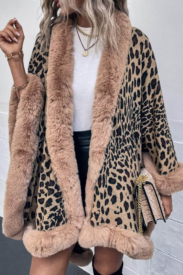 Women's Leopard Print Faux Fur Trim Loose Poncho Coat