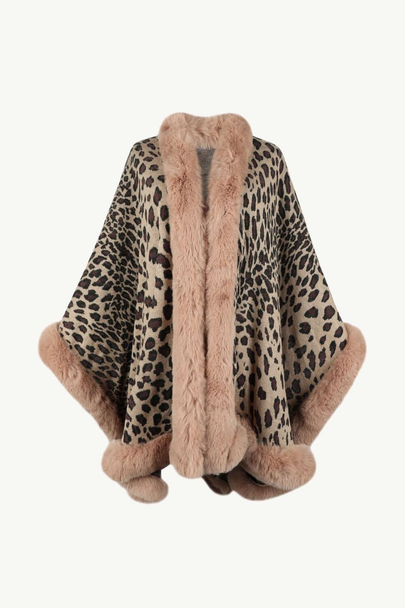 Women's Leopard Print Faux Fur Trim Loose Poncho Coat