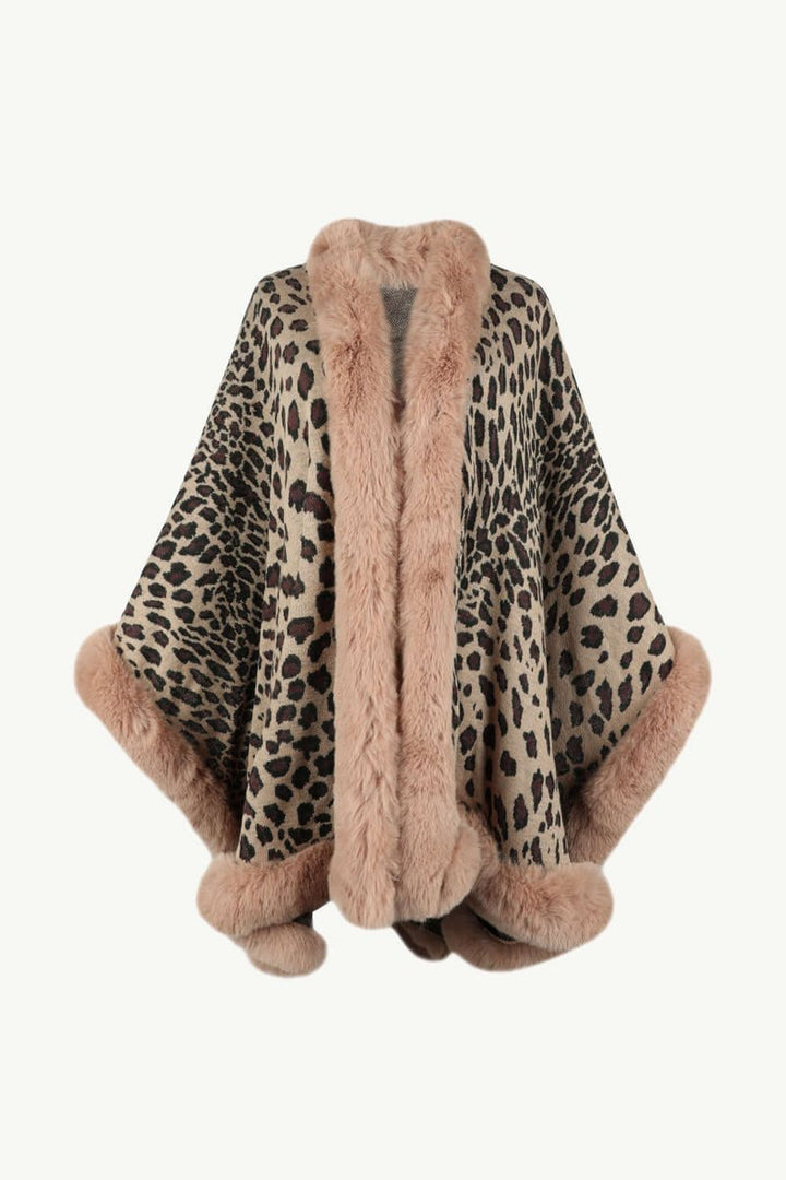 Women's Leopard Print Faux Fur Trim Loose Poncho Coat