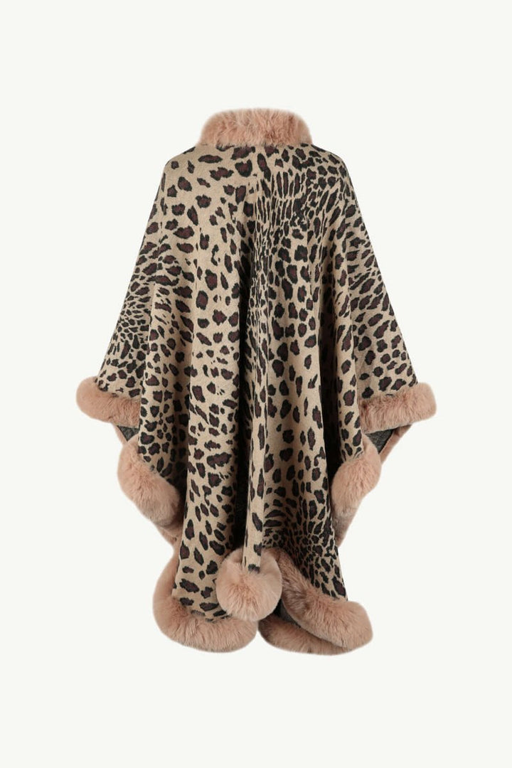 Women's Leopard Print Faux Fur Trim Loose Poncho Coat