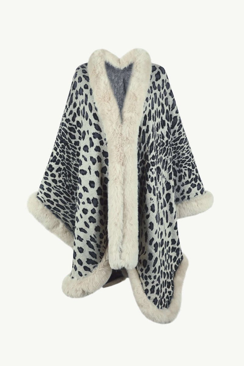 Women's Leopard Print Faux Fur Trim Loose Poncho Coat