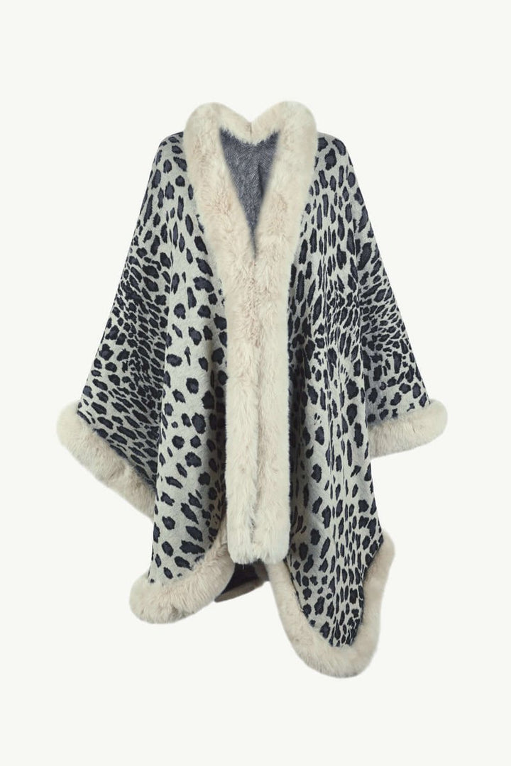 Women's Leopard Print Faux Fur Trim Loose Poncho Coat