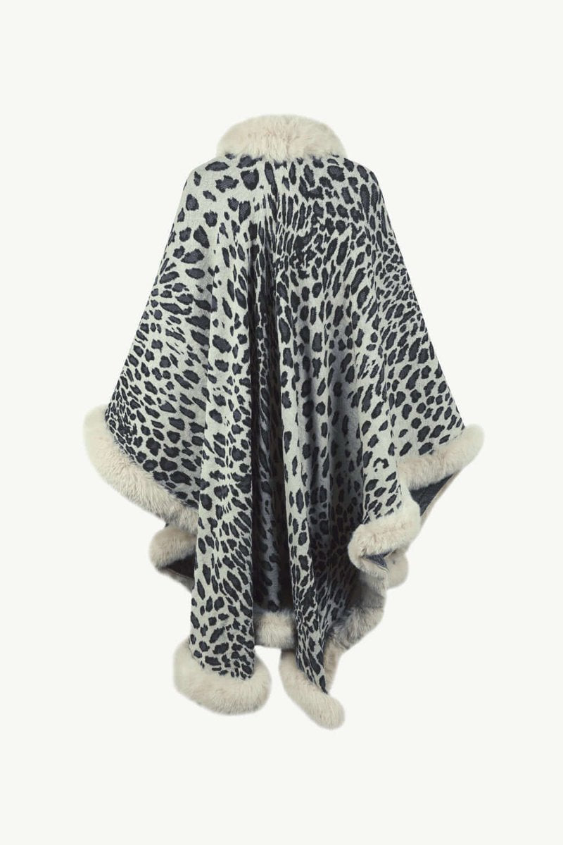 Women's Leopard Print Faux Fur Trim Loose Poncho Coat