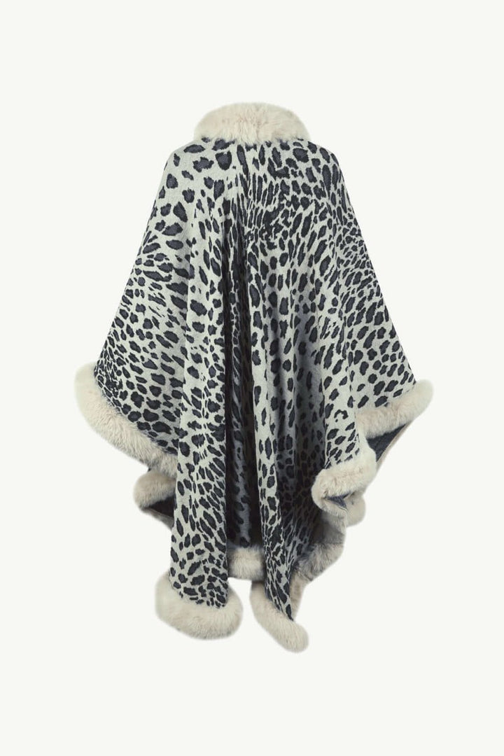 Women's Leopard Print Faux Fur Trim Loose Poncho Coat