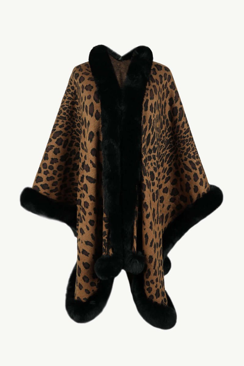 Women's Leopard Print Faux Fur Trim Loose Poncho Coat