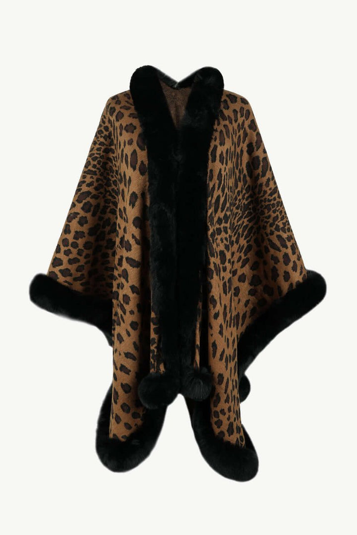 Women's Leopard Print Faux Fur Trim Loose Poncho Coat