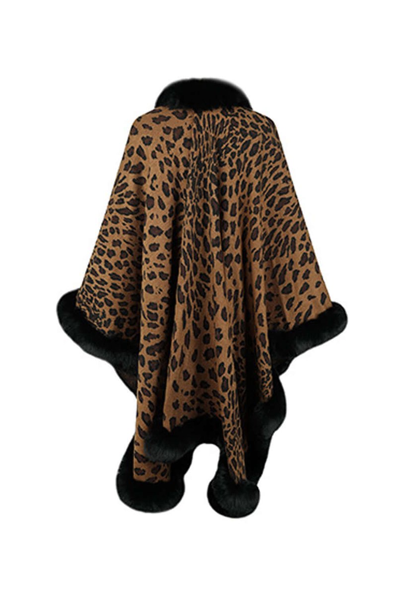 Women's Leopard Print Faux Fur Trim Loose Poncho Coat