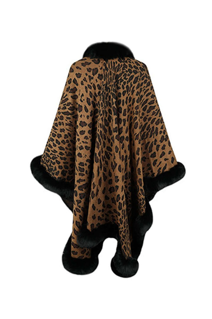 Women's Leopard Print Faux Fur Trim Loose Poncho Coat