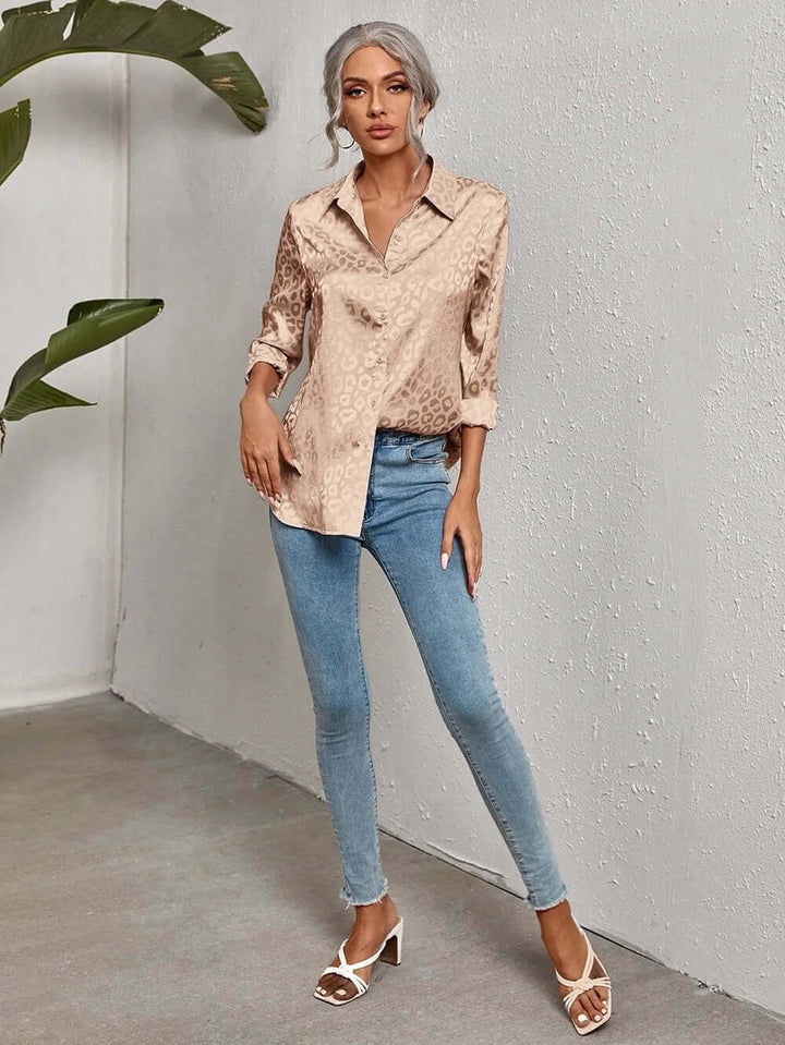 Women's Leopard Print Jacquard Long-Sleeve Blouse