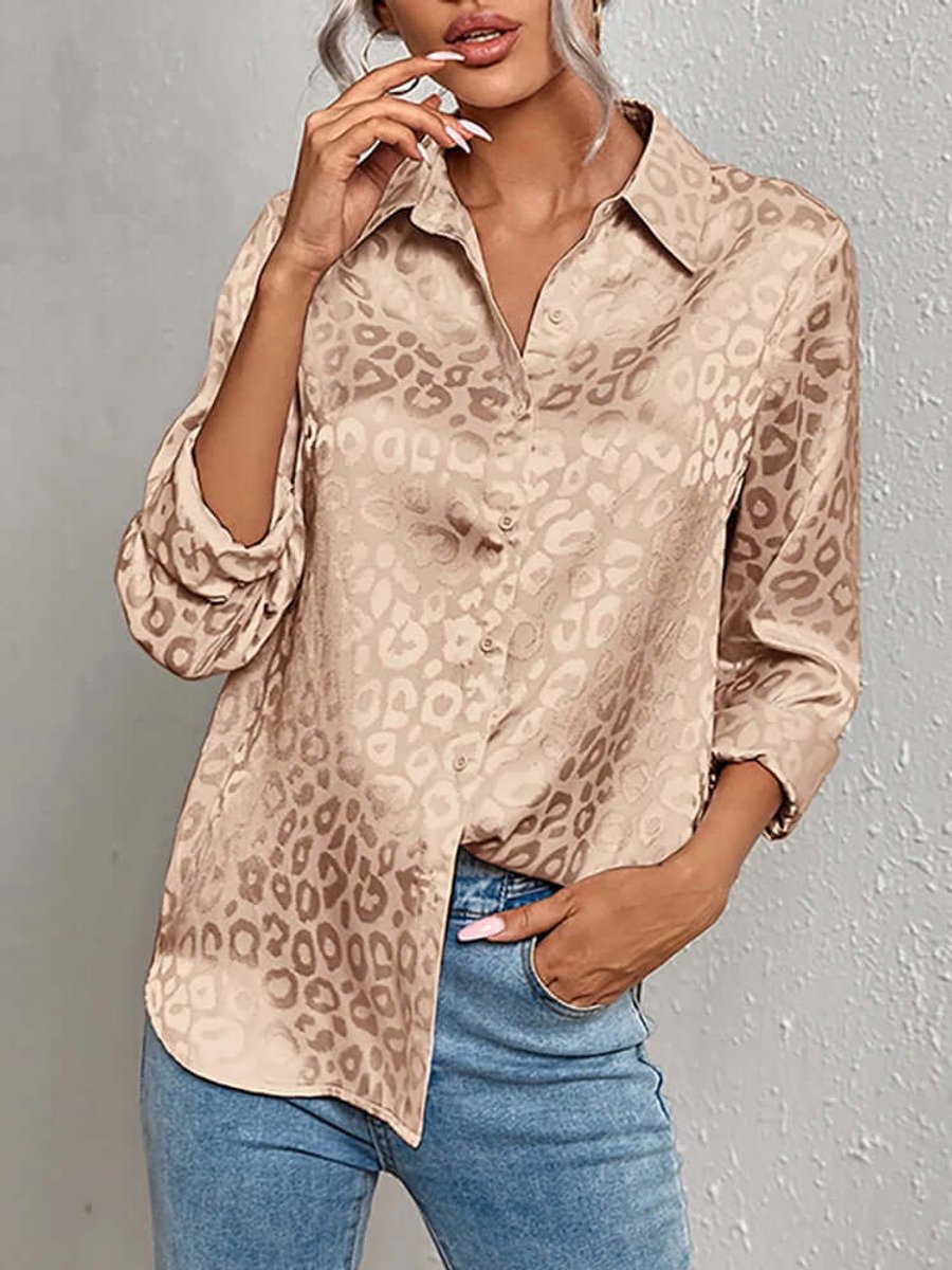Women's Leopard Print Jacquard Long-Sleeve Blouse