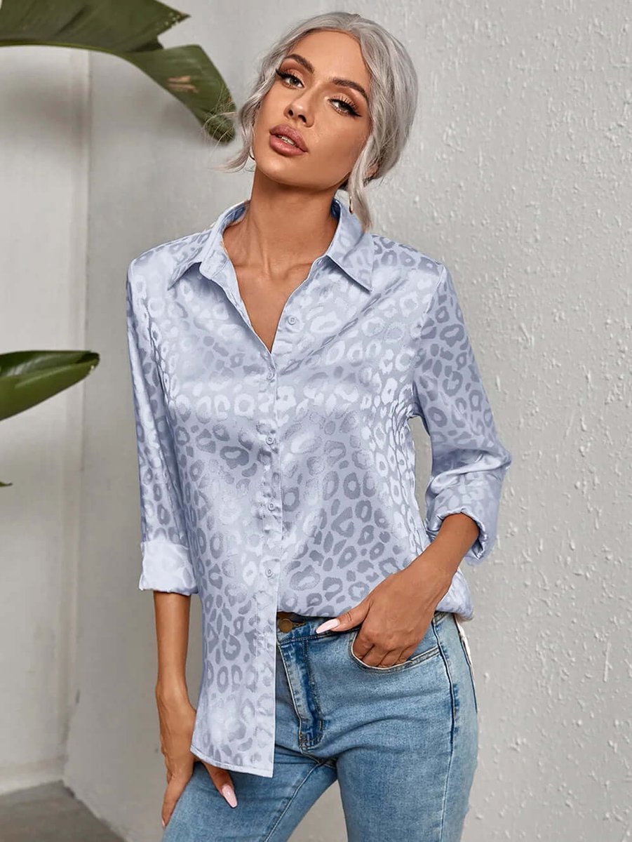 Women's Leopard Print Jacquard Long-Sleeve Blouse